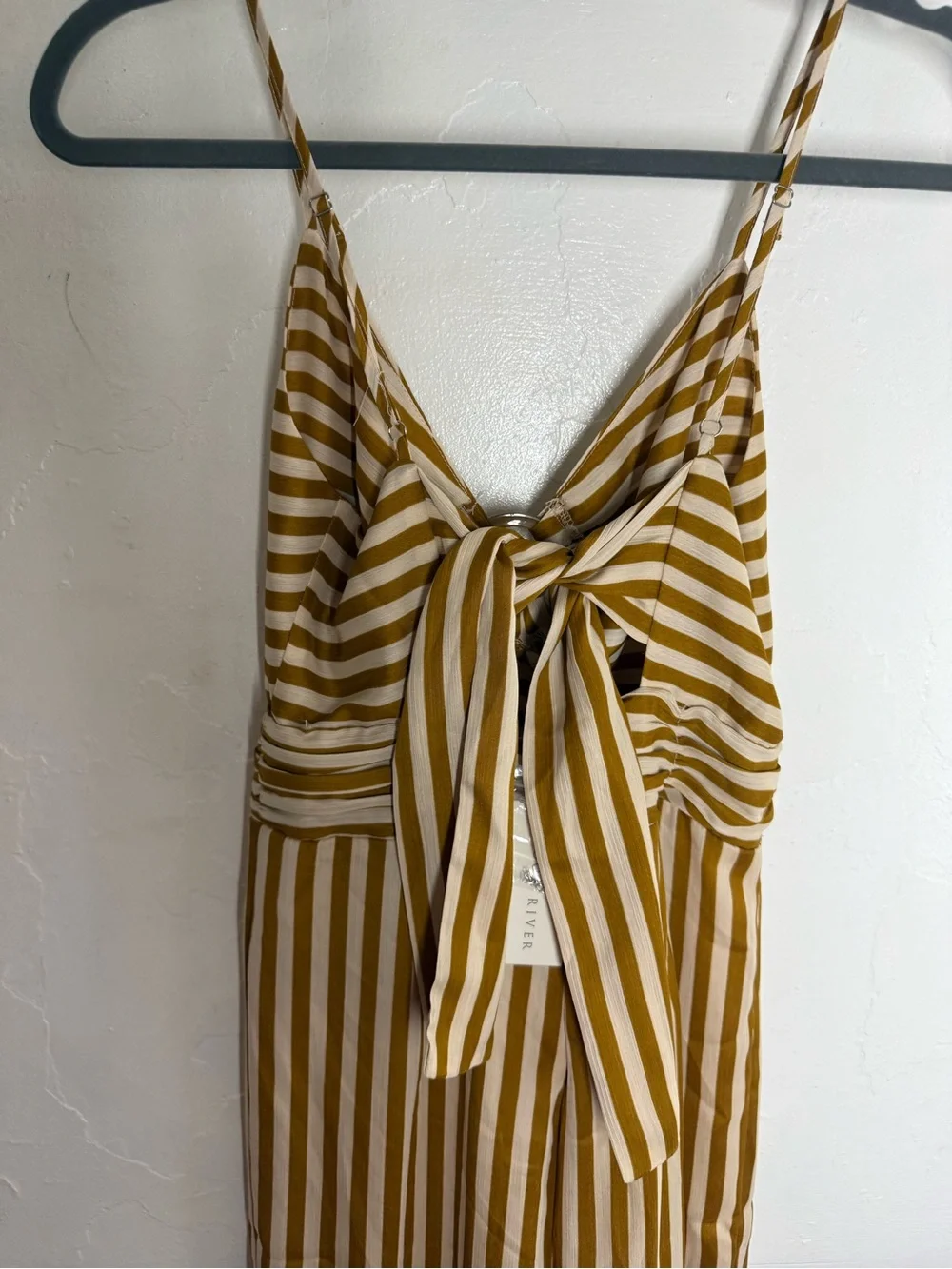 Moon River Ettna Mustard Yellow Striped Cutout Front Wide-Leg Jumpsuit NEW Small